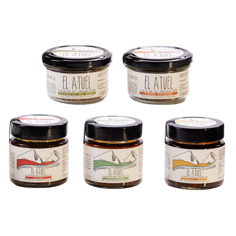 Offrez un coffret cadeau gourmand original : 3 chimichurris artisanaux et 2 fleurs de sel d’exception pour sublimer apéros et repas. Fabrication artisanale et française.