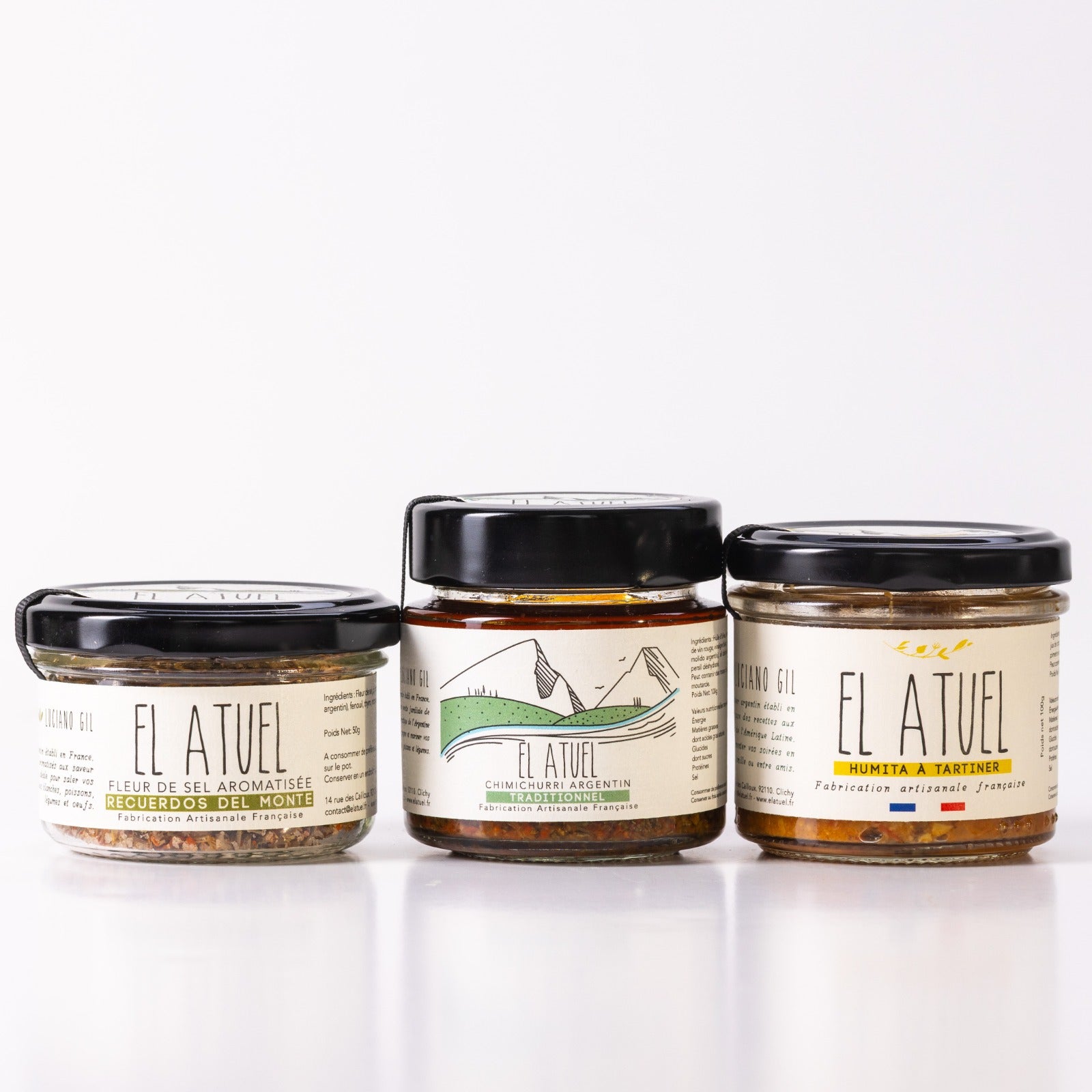 Coffret gourmand chimi apéro (chimichurri + fleur de sel + tartinade végétarienne). Fabrication artisanale et française.
